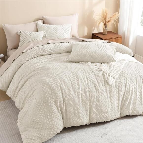 King Size Comforter Set Beige, 3 Pieces Cream Tufted Boho Farmhouse Bedding - Picture 1 of 8